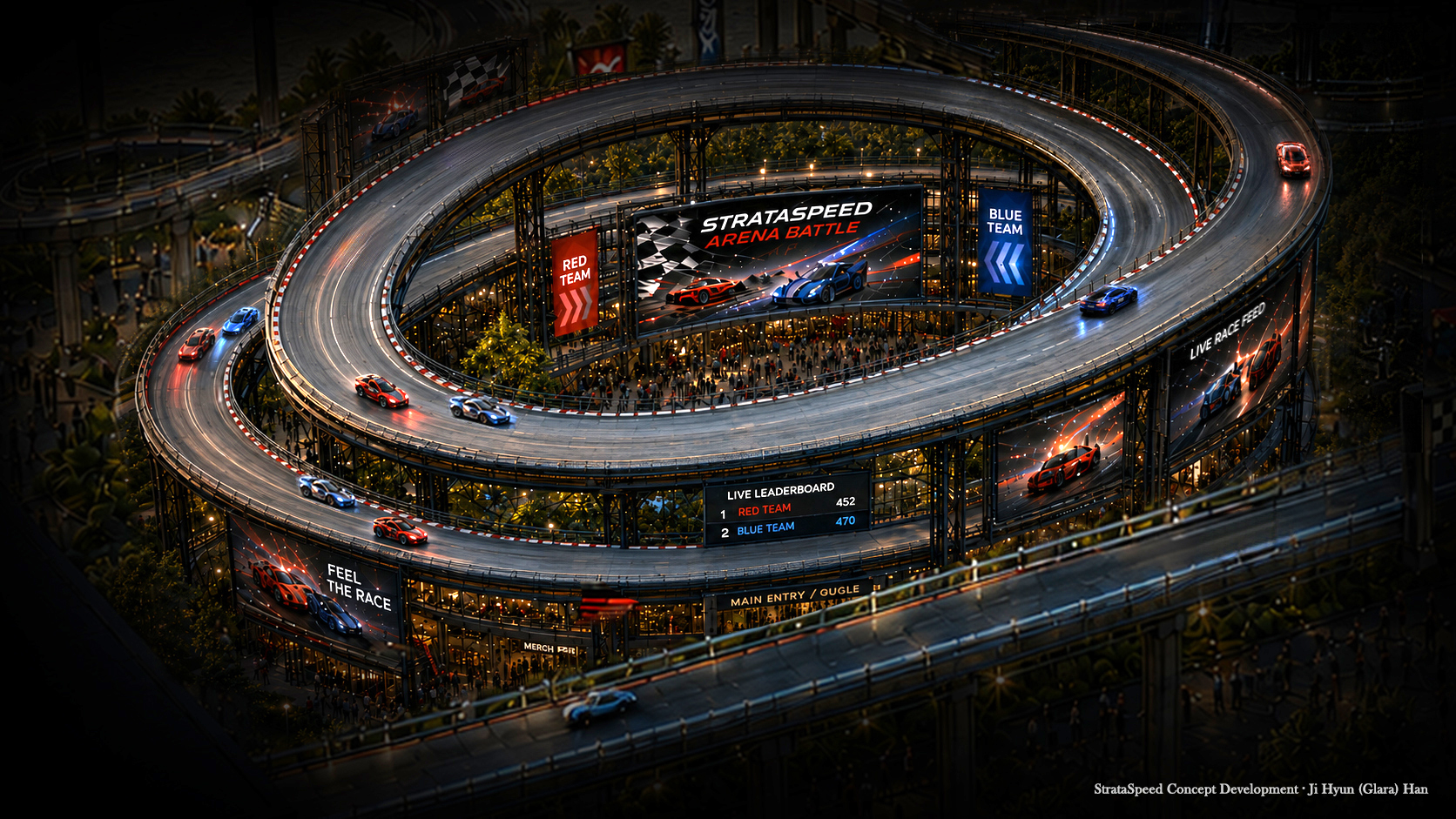 StrataSpeed Arena Battle concept with twin racing lanes, media displays and spectators