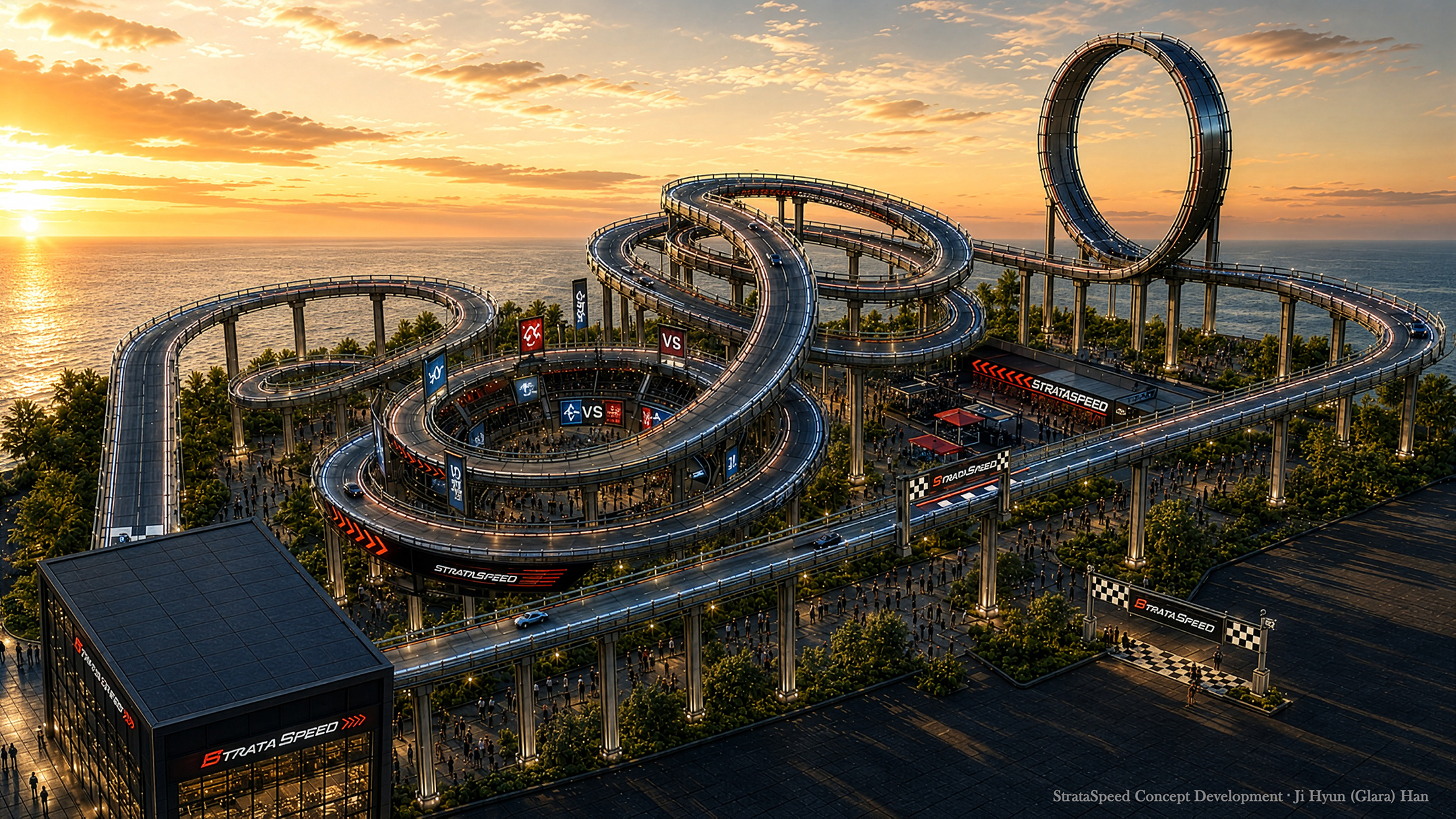 Overall nighttime StrataSpeed Phase 2A concept with Arena Battle, Racing Helix and Big Loop