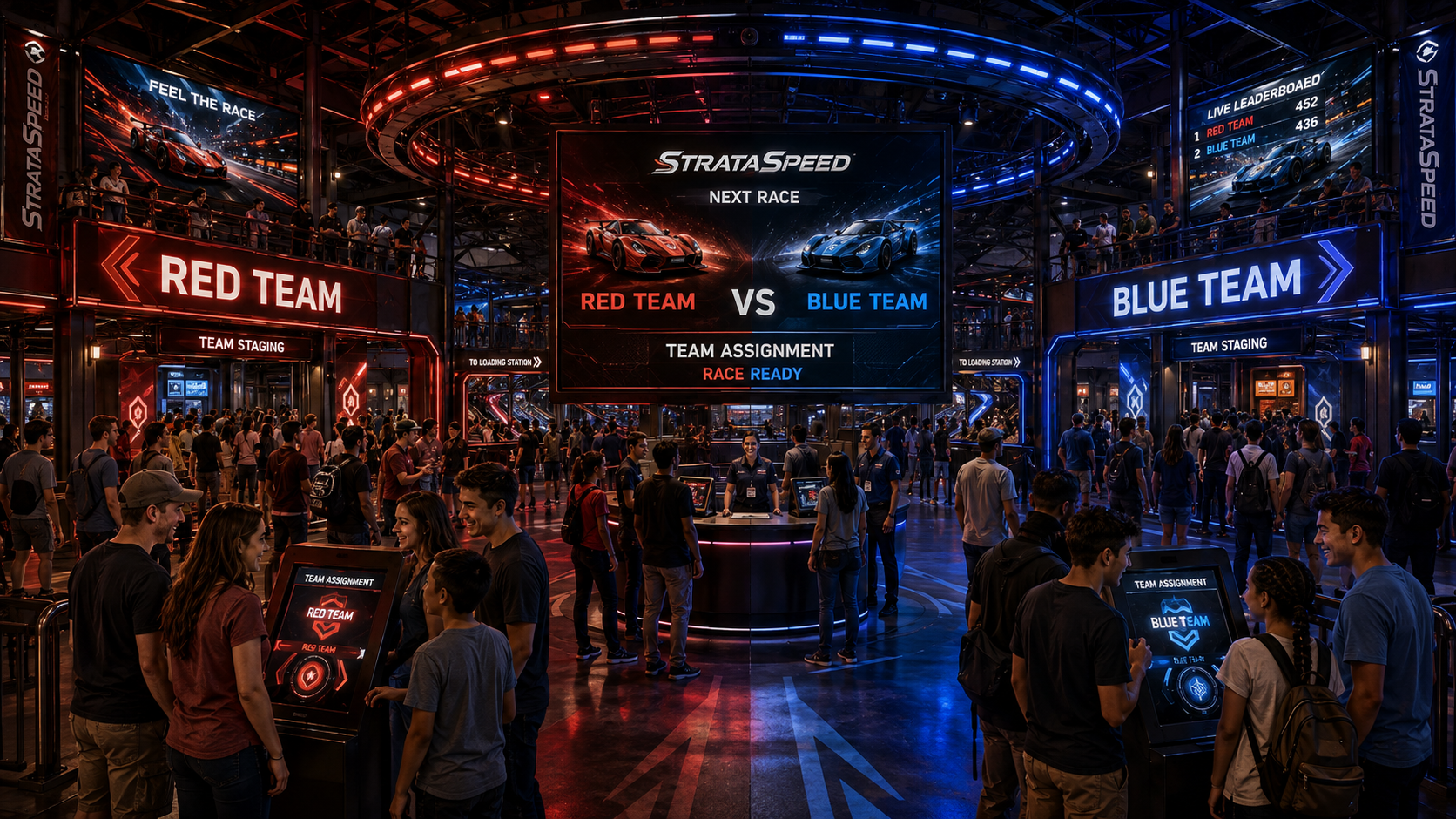Guests organized into Red Team and Blue Team before a StrataSpeed race